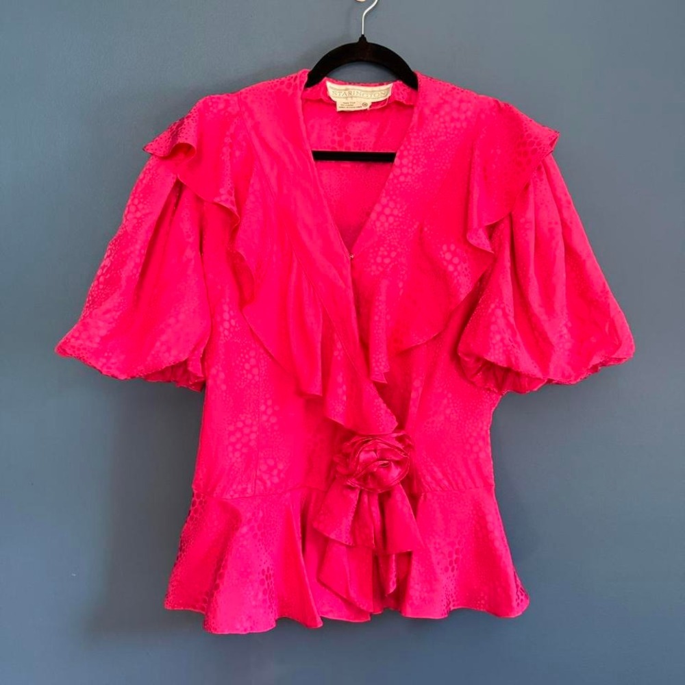 Vintage 80s Blouse Women's Size 10 Starington Pink Retro Rose Ruffle Frilly